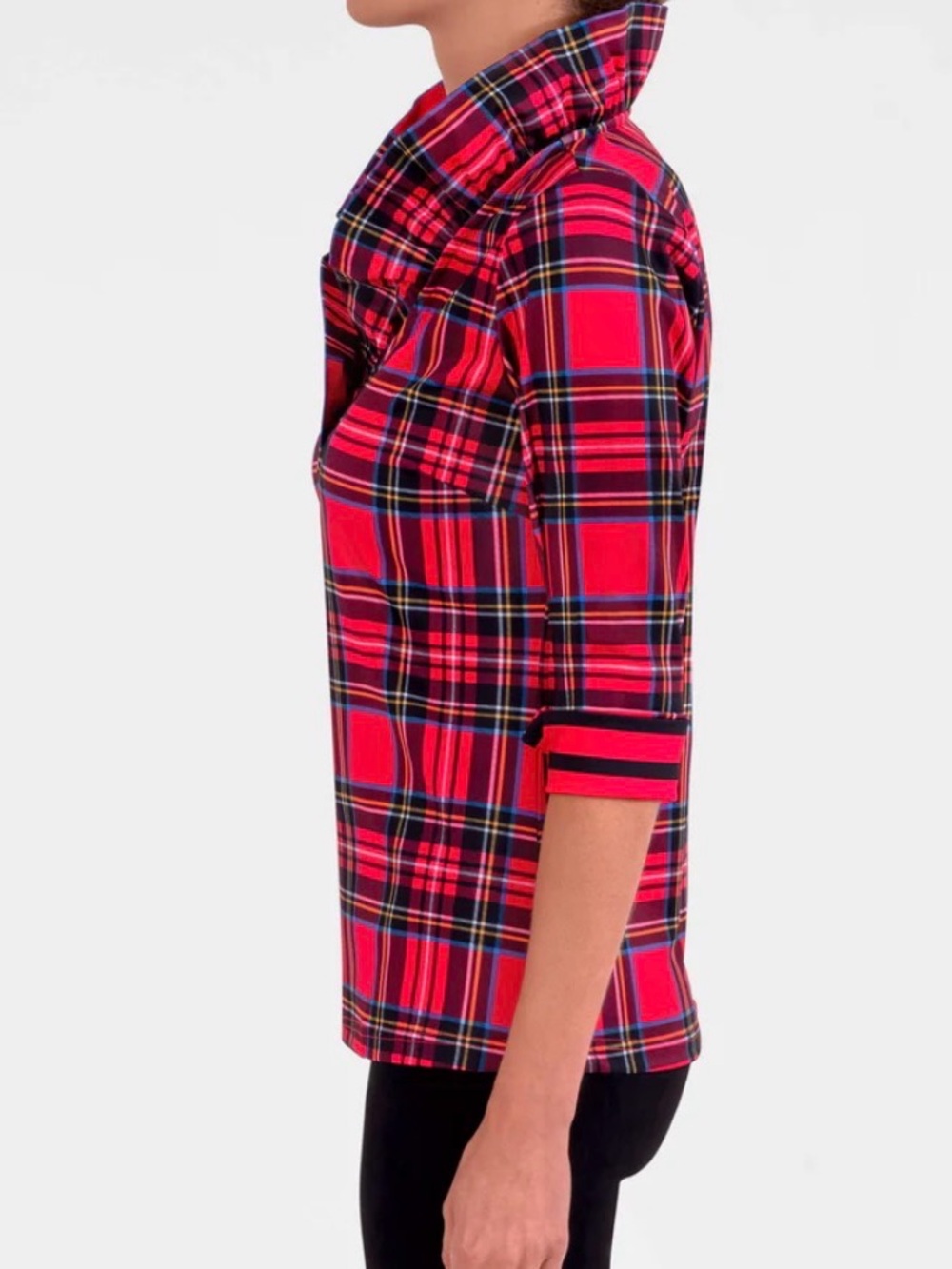 Gretchen Scott Designs Ruff Red Plaid Crossover Ruffled Collar Tunic Sz L - Picture 2 of 11